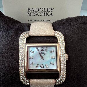 Badgley Mischka Crystal Rectangle Watch – Rose Gold & Mother of Pearl Face